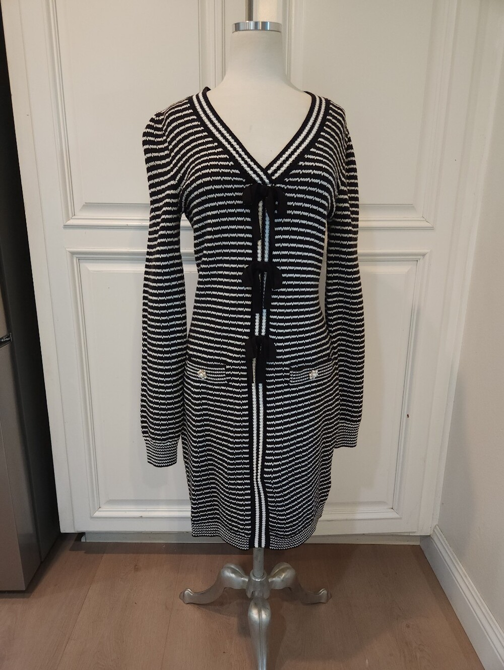 Black and White Striped V-Neck Knit Dress